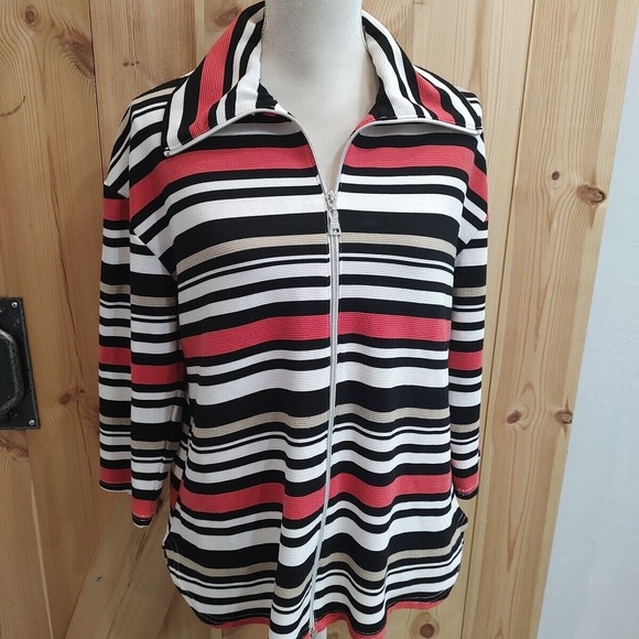 Ruby‎ Rd Sz Medium Jacket Zip Front 3/4 Sleeve Striped Business Casual - Picture 1 of 9